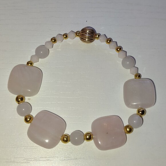 Pink Quartz and Golden Beads Bracelet Elastic Small Hand Wrist Vintage Jewelry - Picture 1 of 5